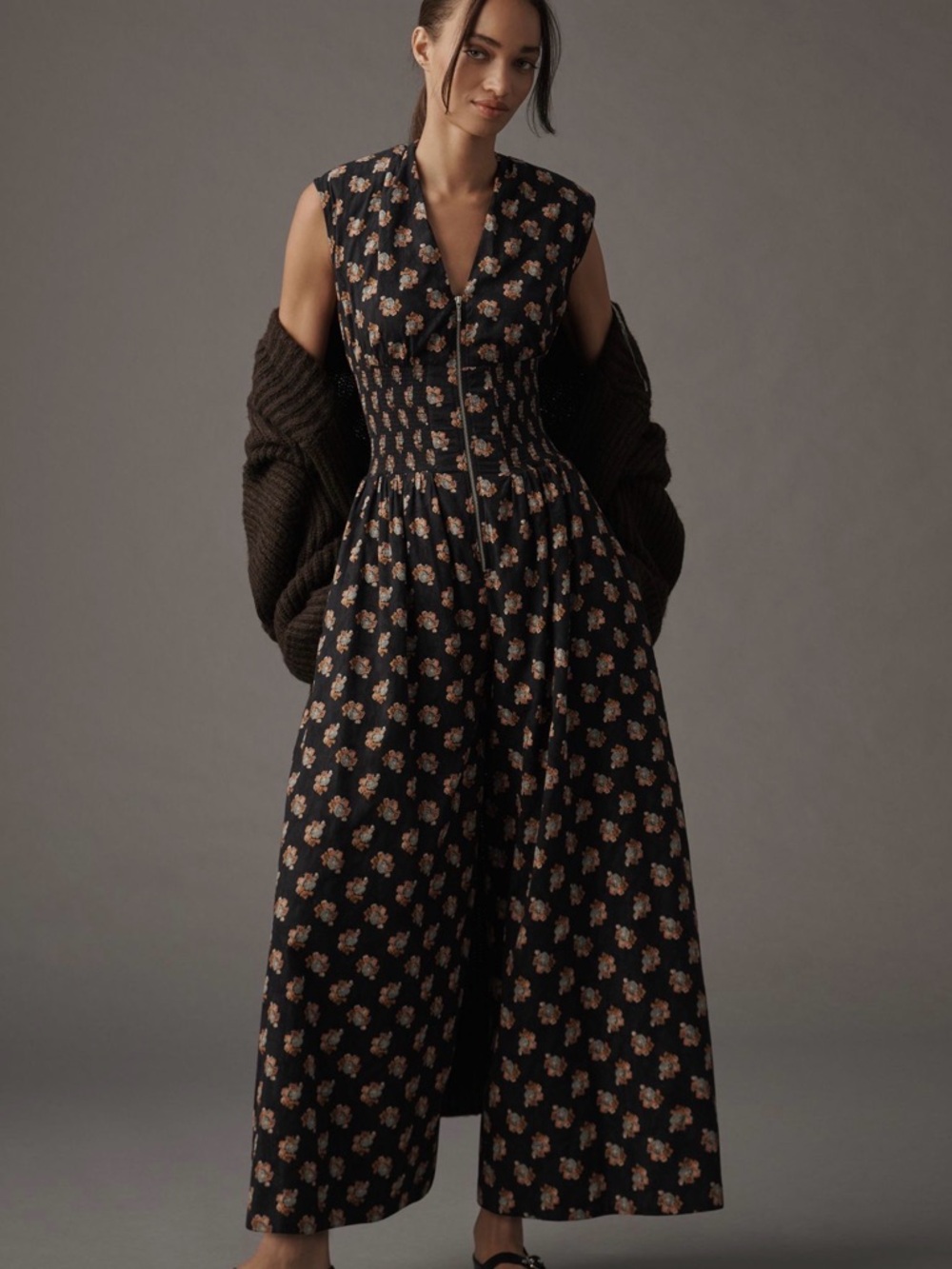 Anthropologie Black Floral Smocked-Waist Wide-Leg Jumpsuit